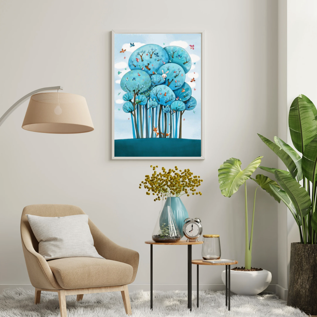 Enchanted Blue Forest Framed Poster | Whimsical Nature Art Wall Décor by Chilekotha