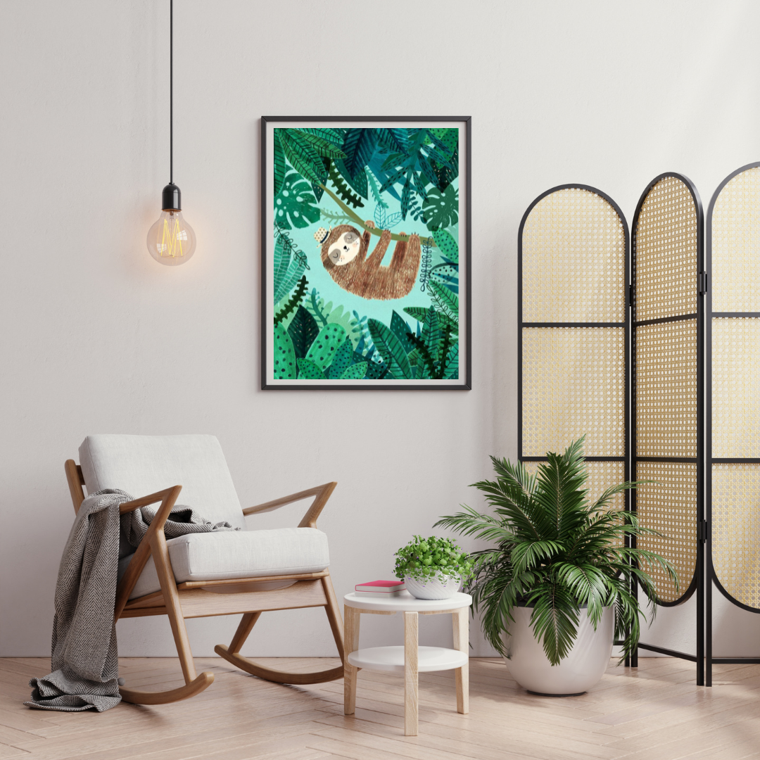 Sleepy Sloth in the Jungle Framed Poster | Whimsical Kids Wall Art by Chilekotha